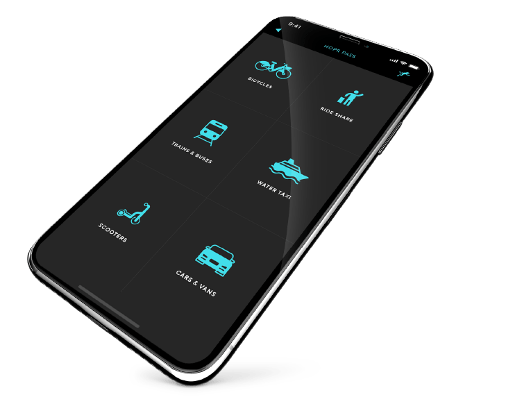 Access Bike Share, Scooter Share, Ride Share, and Public Transit with the HOPR Transit App